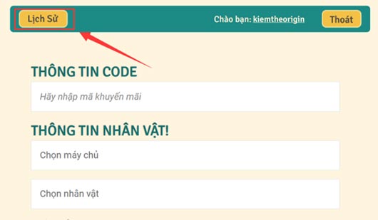 Bước 3: Chọn máy chủ, nhân vật muốn nhận thưởng và mã quà tặng hiện có.