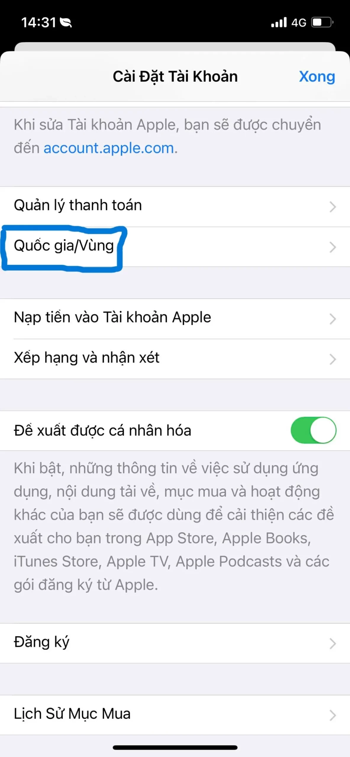 Chọn Quốc gia/ Vùng để truy cập giao diện đổi vùng tài khoản trên App Store