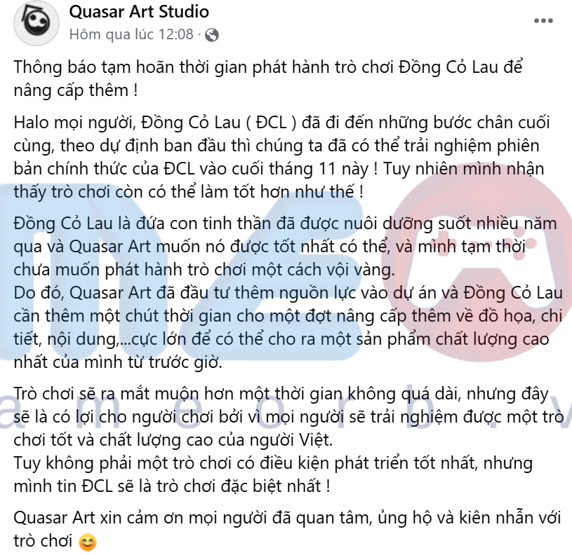 Quasar Art Studio chia sẻ về việc tạm hoãn phát hành Đồng Cỏ Lau