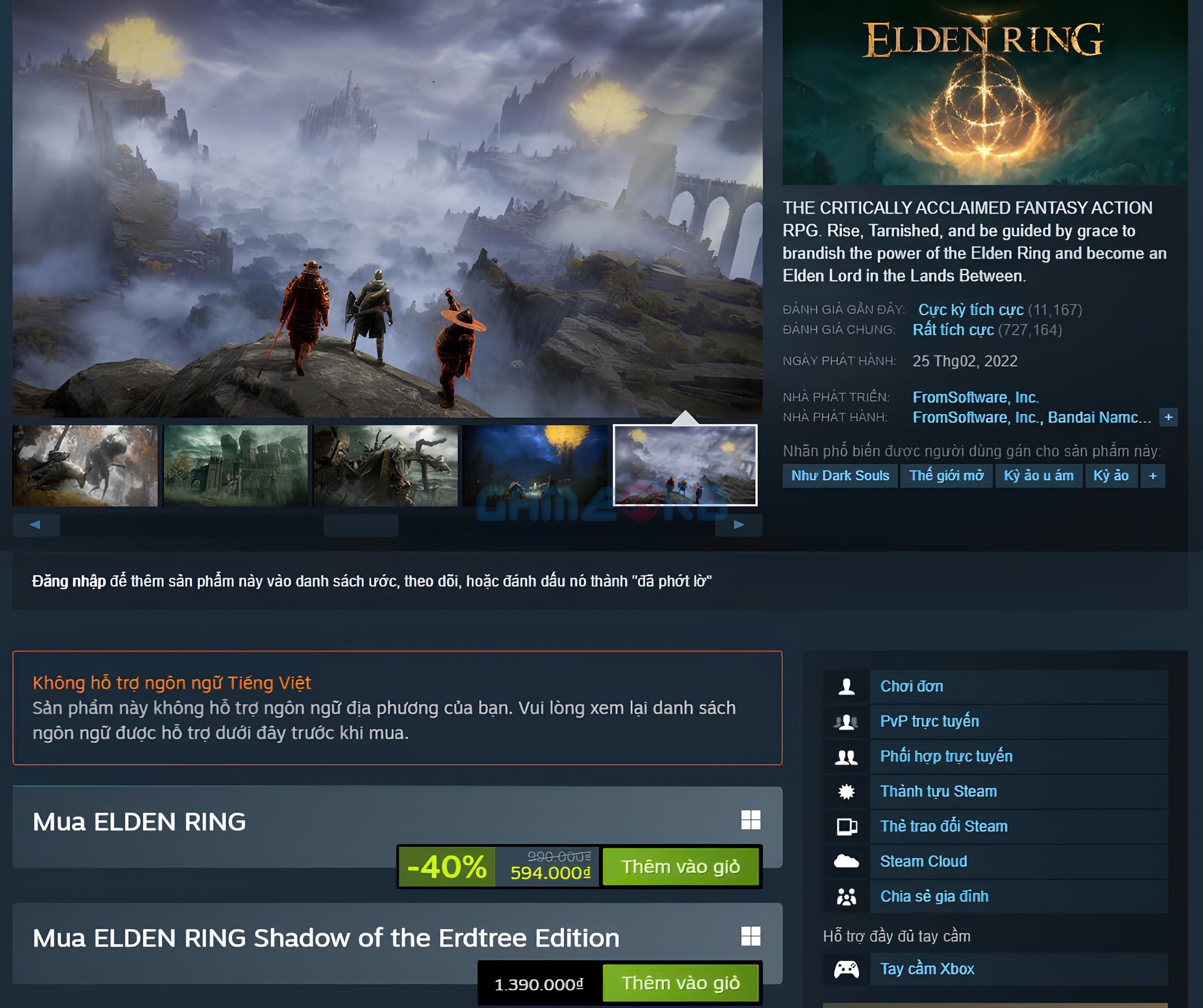 Trong sự kiện Steam Winter Sale 2024, giá Elden Ring chỉ còn khoảng 600 nghìn đồng