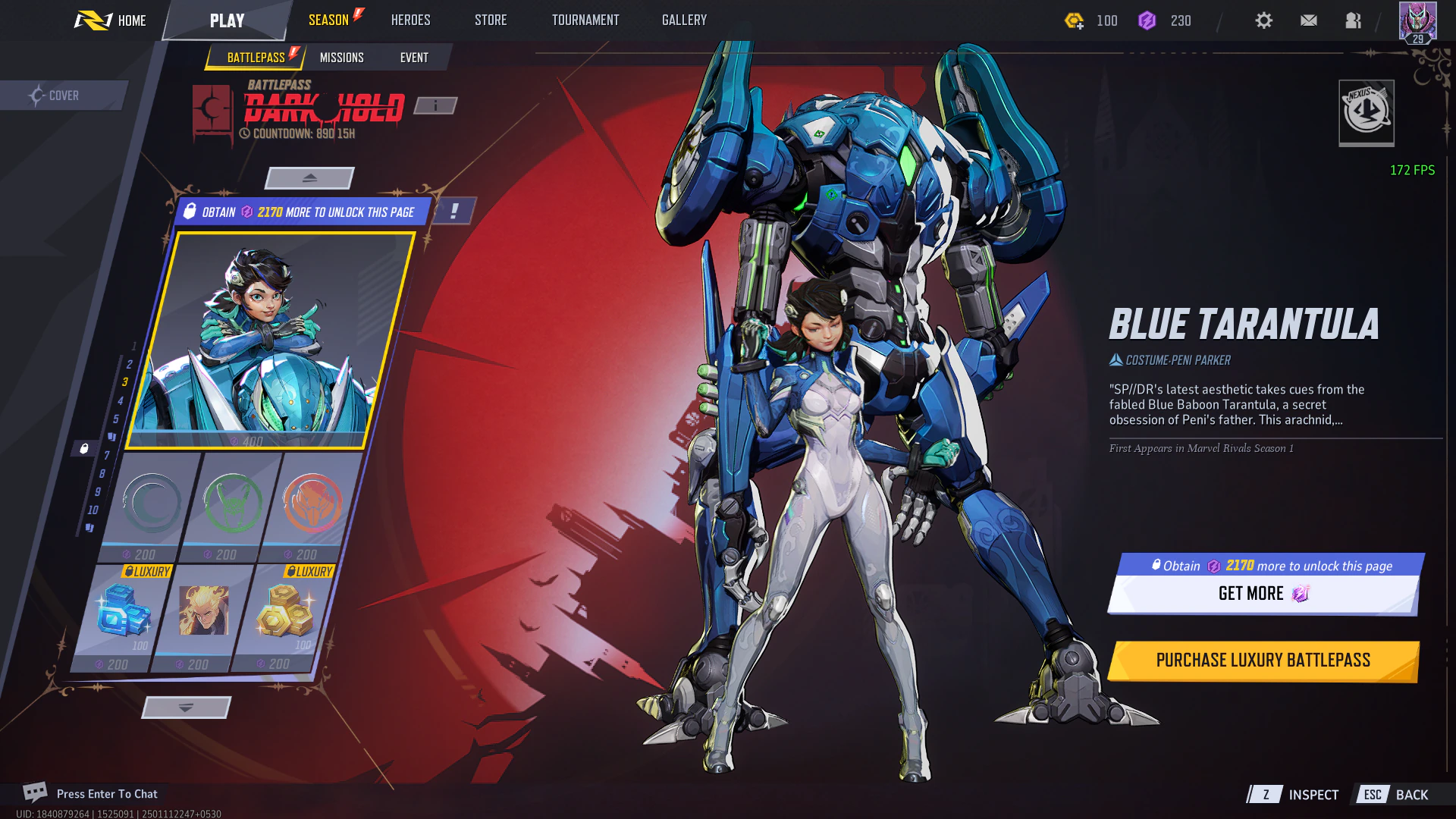 Trang phục Blue Tarantula của Peni Parker xuất hiện trên trang 3 của battle pass