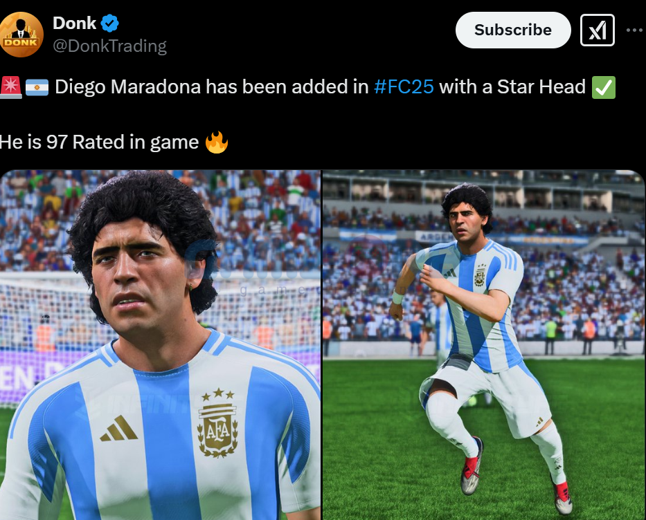 Leaker DonkTrading đã phát hiện Maradona được thêm vào cơ sở dữ liệu với xếp hạng tổng thể 97