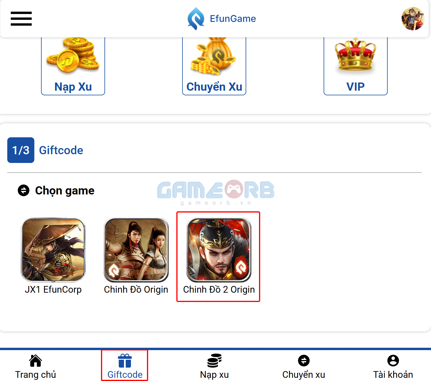 Bước 2: Vào mục Giftcode, sau đó chọn game Chinh Đồ 2 Origin.