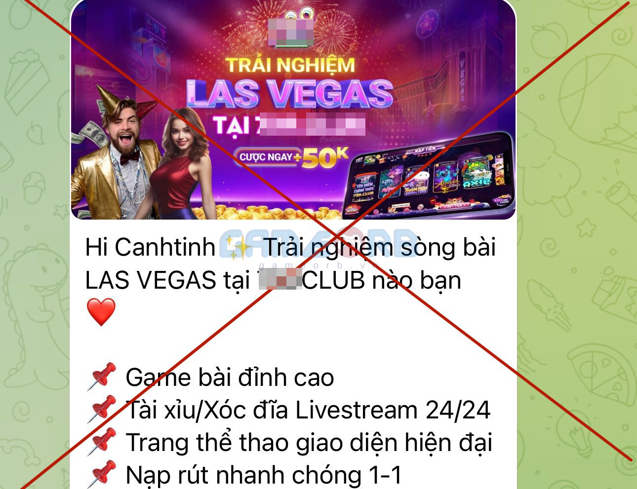 Game cờ bạc được quảng cáo trong hệ thống group nội dung đồi truỵ "lẩuxx" trên Telegram. Ảnh: Vietnamnet