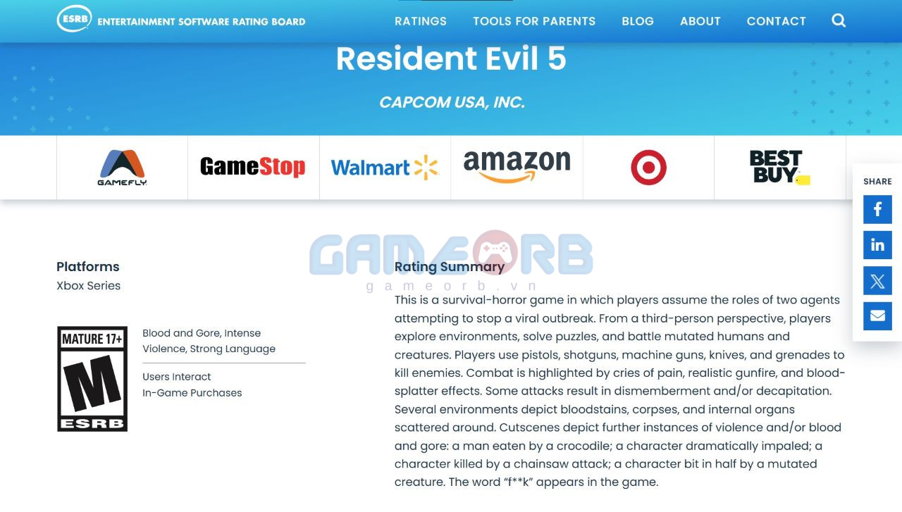 esident Evil 5 vừa được ESRB xếp hạng độ tuổi cho Xbox Series X/S