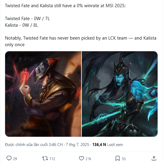 Cặp TF - Kalista tỉ lệ được chọn không cao nhưng tỷ lệ thắng là 0%.